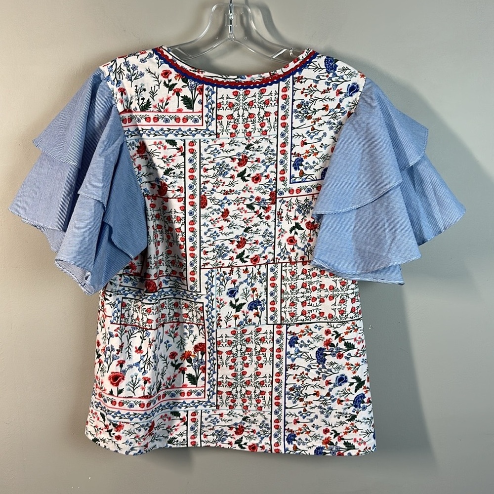 Anthropologie Let Me Be Floral Chambray Ruffle Flutter Sleeve Tee Blouse‎ Size S - Picture 6 of 14